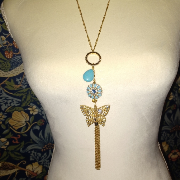 Butterfly. Turquoise. Rhinestone necklace - Picture 1 of 5